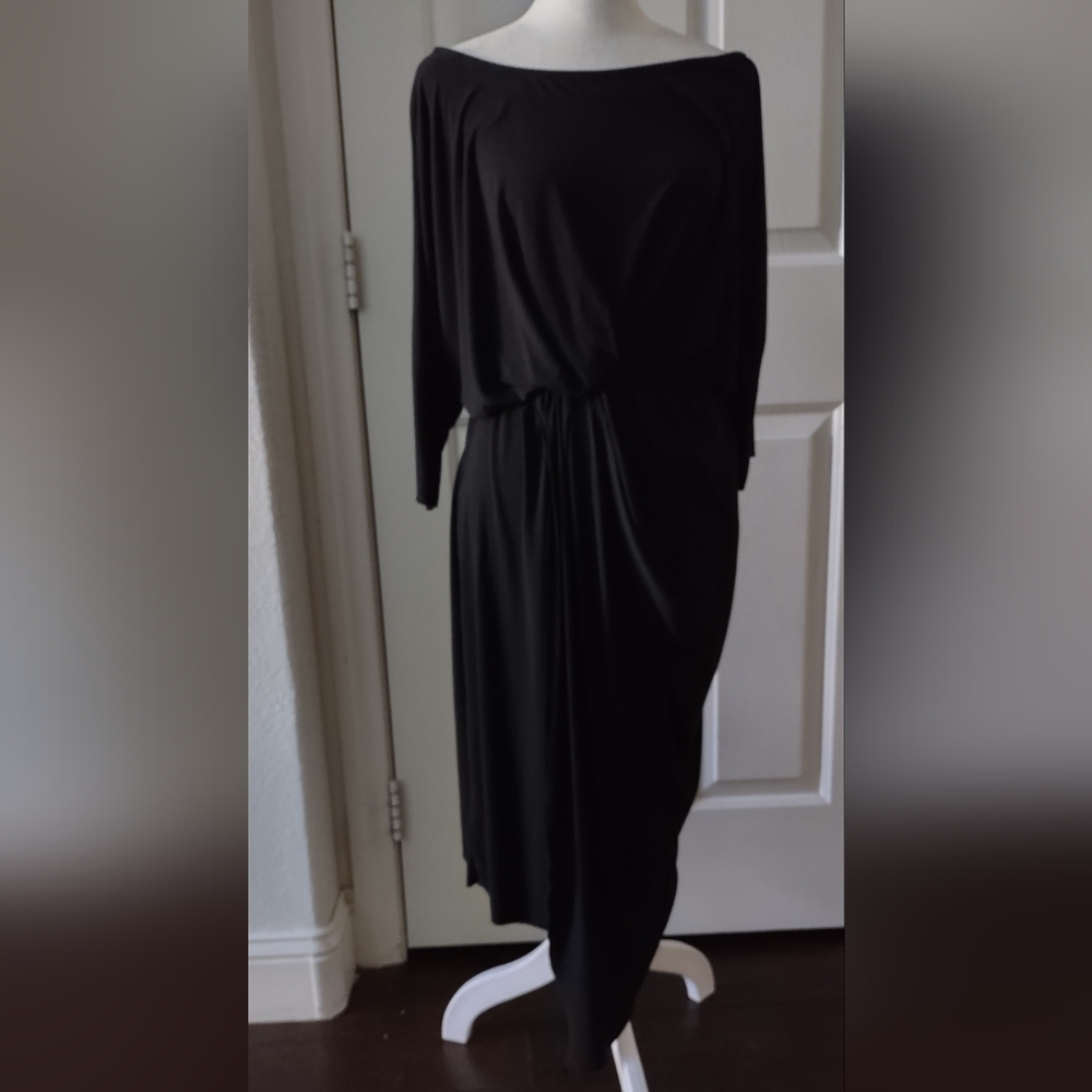 Boat Neck Black Jersey Dress with Cold Shoulder and Asymmetrical Bottom